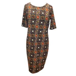 LulaRoe JULIA Dress Black Orange Gold Geometric Form Fitting Size Large NWT